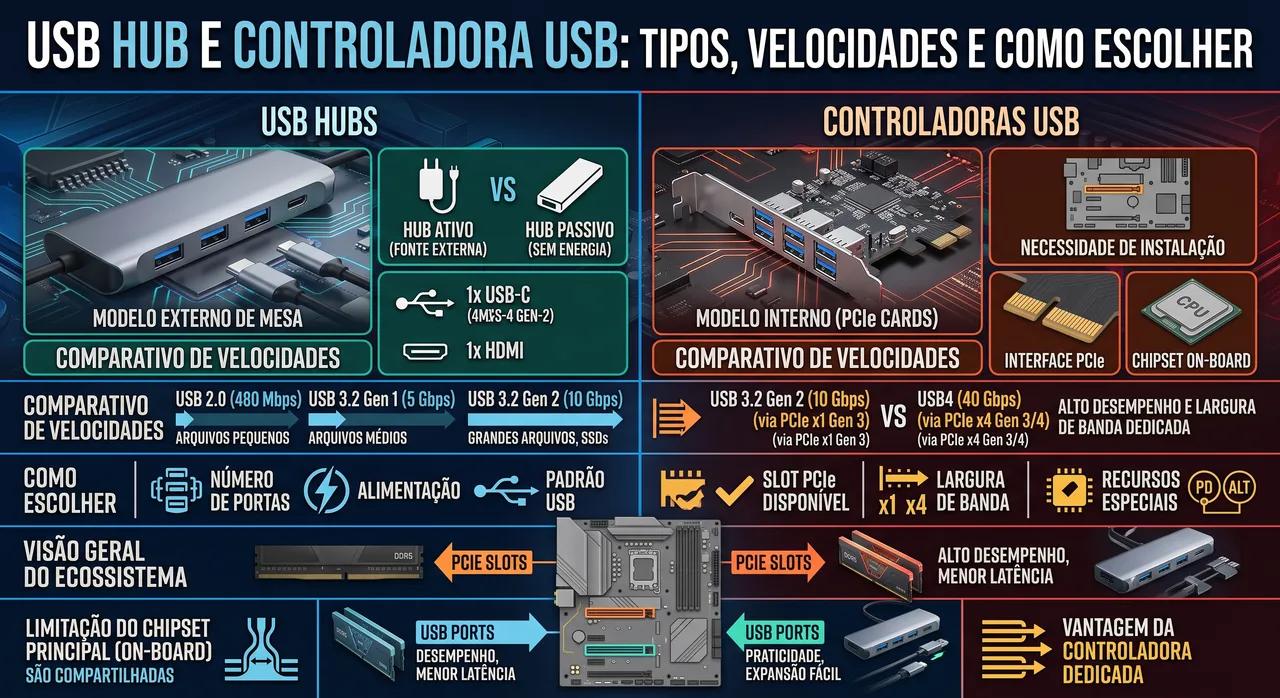 USB Hub e Controladora USB: Tipos, Velocidades e Como Escolher