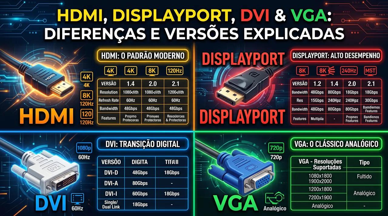 HDMI, DisplayPort, DVI e VGA: Diferenças e Versões Explicadas