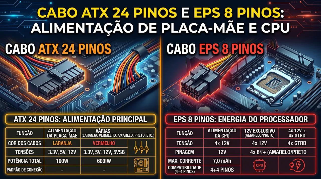 Cabo ATX 24 Pinos e EPS 8 Pinos: Alimentação de Placa-Mãe e CPU