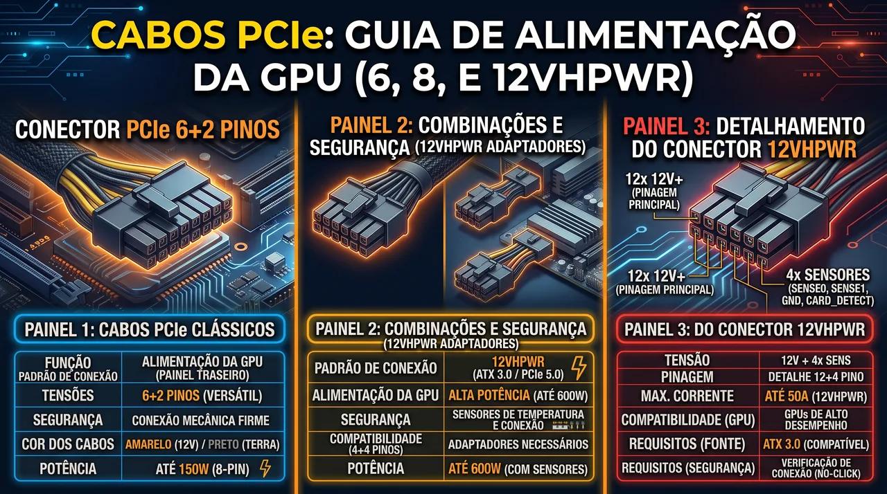 Cabos PCIe 6/8 Pinos para GPU: Combinações e Segurança (12VHPWR)