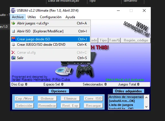 Menu Archivo com a opção Crear juego desde ISO no USBUtil