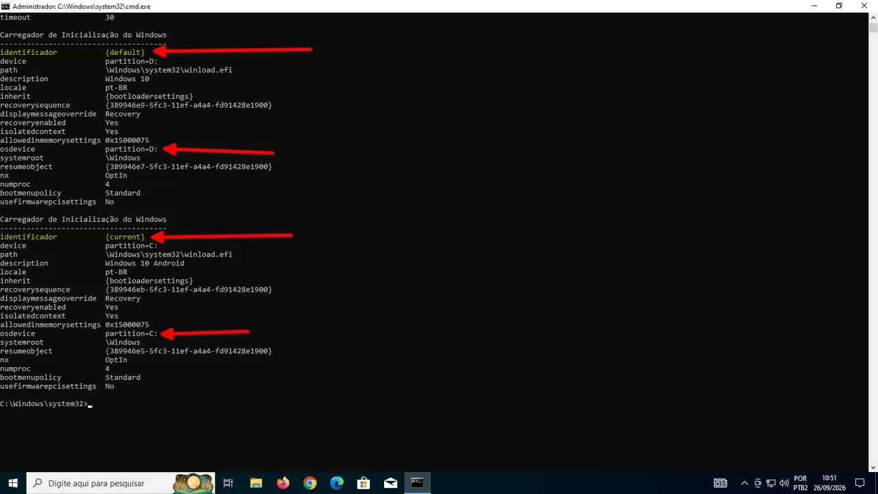 Captura de Tela mostrando a saída do comando bcdedit /enum
