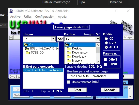 Janela Crear juego desde ISO com origem, destino e medio configurados