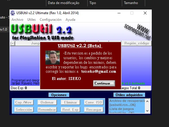 Aviso do autor ISEKO ao abrir o USBUtil 2.2